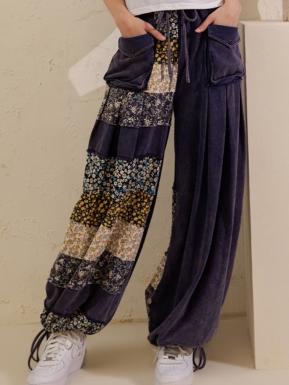 Sage & Fig Boho Patchwork Wide-Leg Pants in Navy